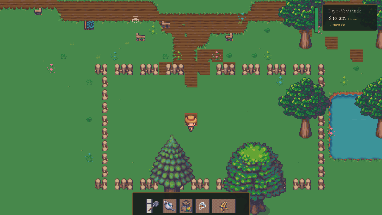 A fenced Steady Stars farm field with the player facing a tilled patch near the pond