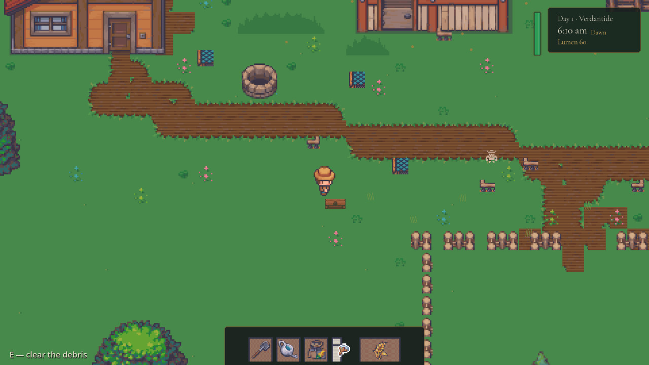 Steady Stars homestead spawn showing the cabin, barn, player, path, toolbar, and first farm affordances