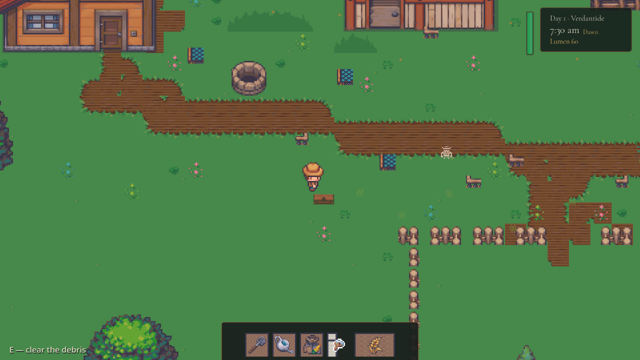 Steady Stars homestead after idle time with cabin, barn, toolbar, and ambient scene details