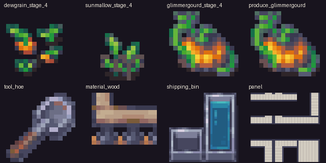 Steady Stars LimeZu runtime asset audit showing selected UI, crops, tools, and world sprites